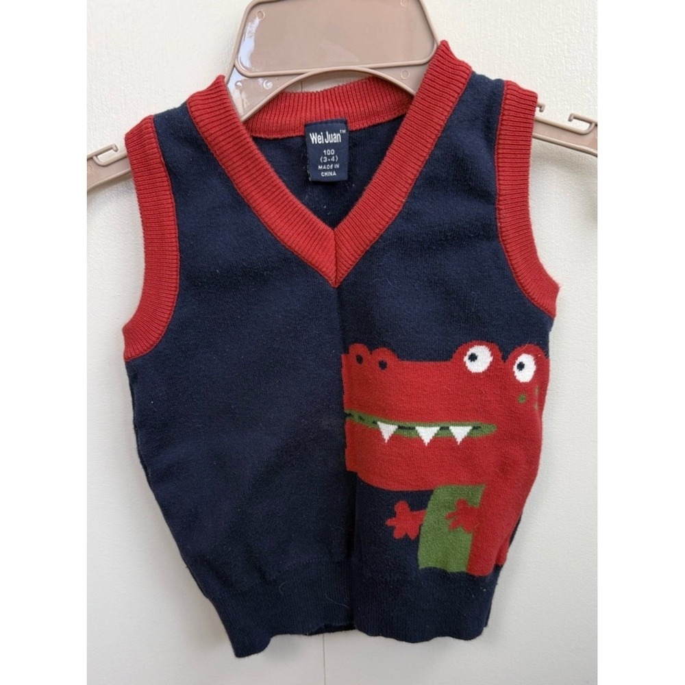 Wei Juan Boys Gator Sweater Vest Navy Red Accents 3-4Y